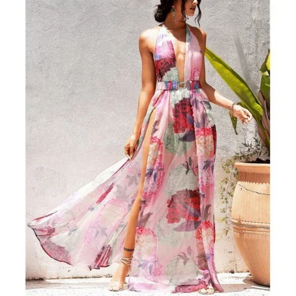 Stunning Floral Plunging Neck Backless Split Thigh Chiffon Maxi Dress - Picture 2 of 7